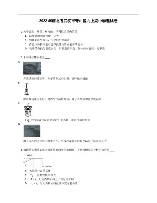 2022年湖北省武汉市青山区九年级上学期期中物理试卷(含答案)