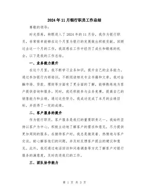2024年11月银行职员工作总结