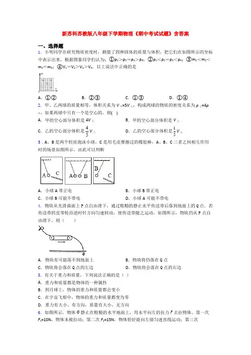 新苏科苏教版八年级下学期物理《期中考试试题》含答案