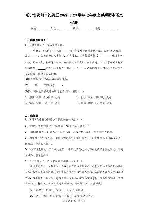 辽宁省沈阳市沈河区2022-2023学年七年级上学期期末语文试题