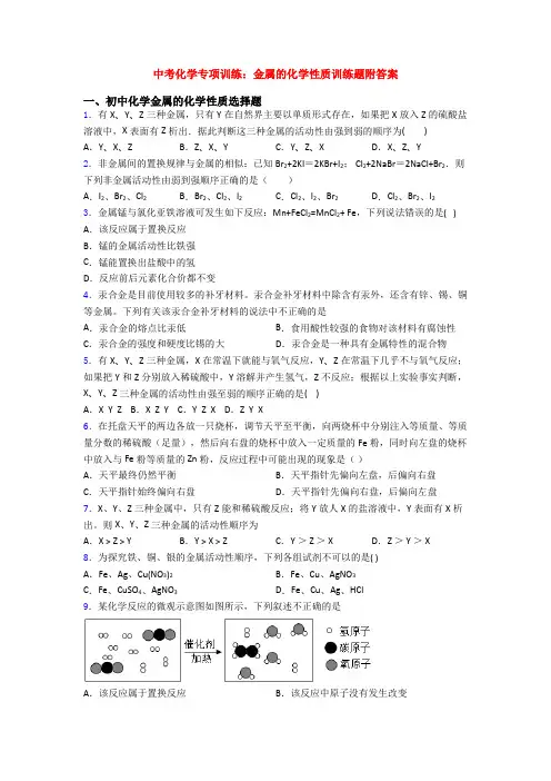 中考化学专项训练：金属的化学性质训练题附答案