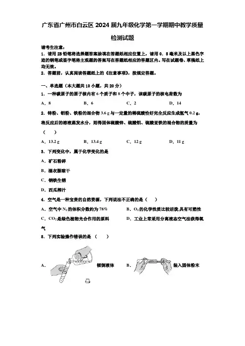 广东省广州市白云区2024届九年级化学第一学期期中教学质量检测试题含答案解析