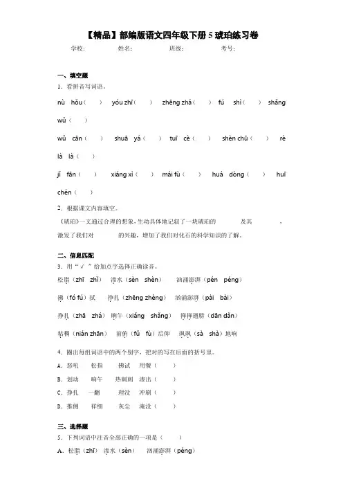 小学部编版语文四年级下册5琥珀练习卷-4(含答案解析)
