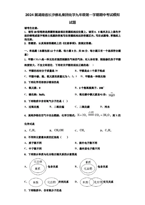 2024届湖南省长沙雅礼集团化学九年级第一学期期中考试模拟试题含答案解析