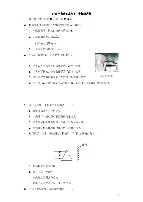 湖南省益阳市2019年中考物理真题试题(含解析)