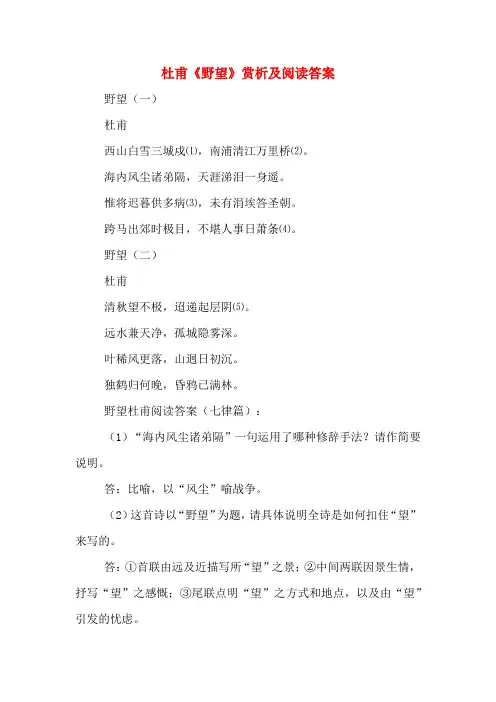 杜甫《野望》赏析及阅读答案