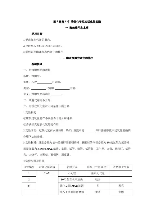 2021-2022学年新教材人教版必修第一册  酶的作用和本质 学案