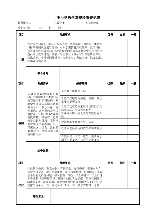中小学教学常规检查登记表