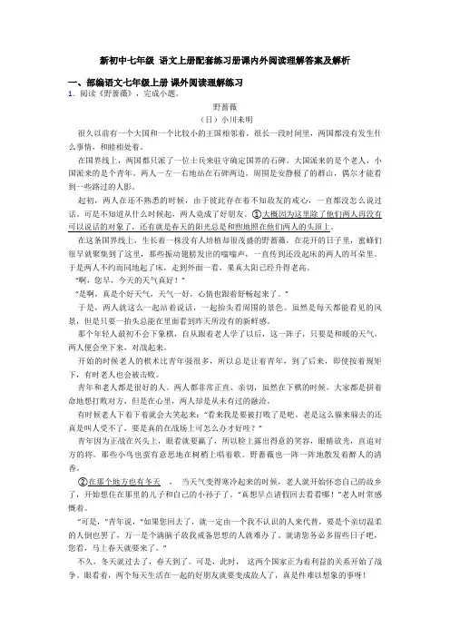 新初中七年级 语文上册配套练习册课内外阅读理解答案及解析