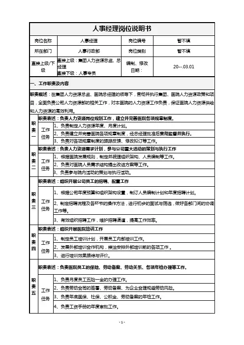 企业公司人事经理岗位说明书