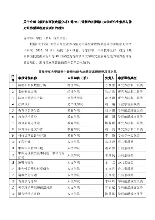 等98门课程为首批浙江大学研究生素养与能力培养型课程建