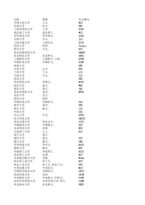 高校全称简称对照