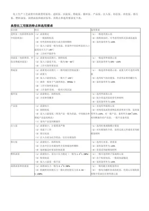 化工生产工艺流程中的典型用泵有进料泵、回流泵、塔底泵、循环.