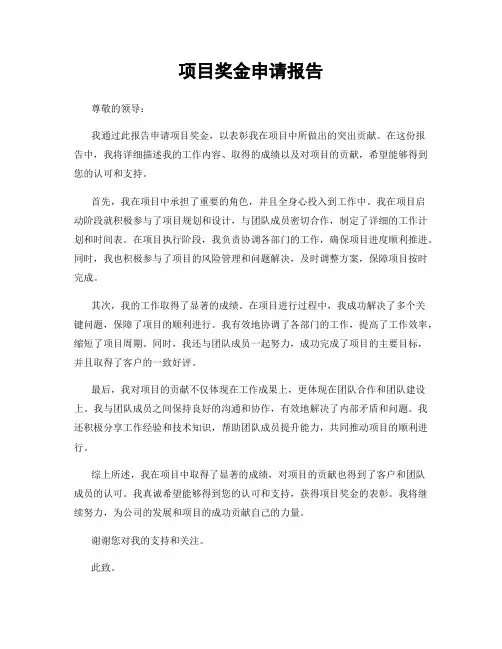项目奖金申请报告