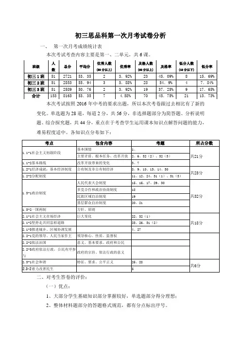 初三思品科第一次月考试卷分析