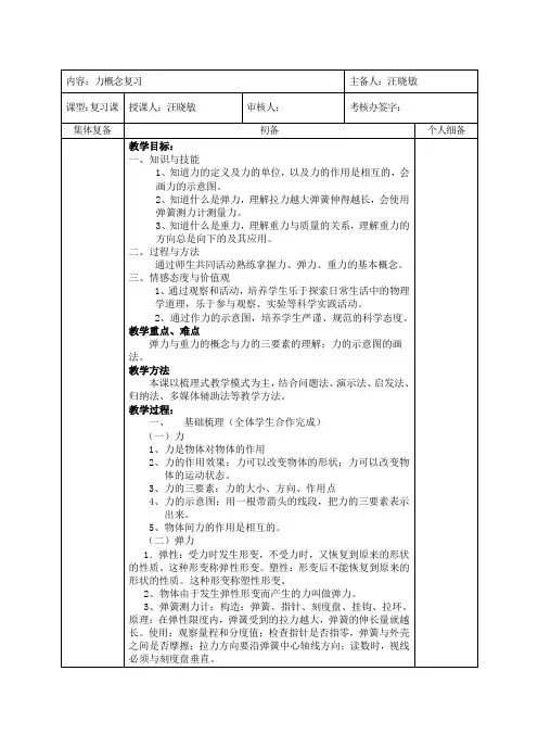 人教版初二物理下册第七章《力》复习教案