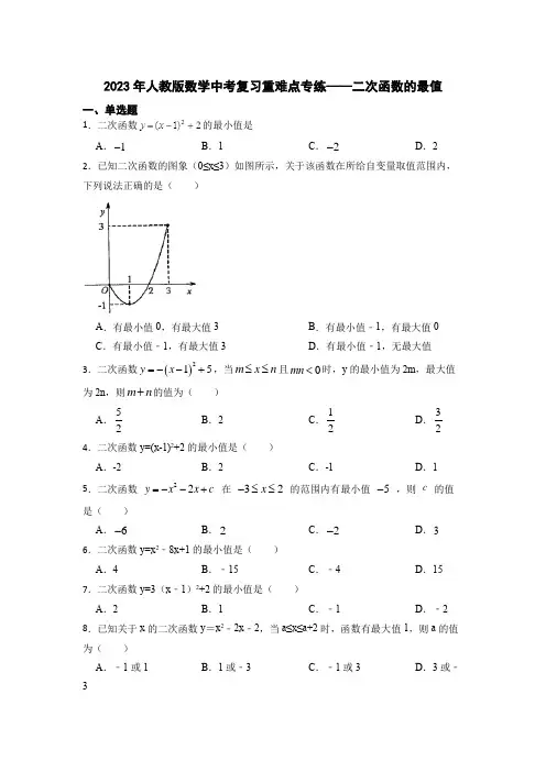2023年九年级人教版数学中考复习重难点专练 二次函数的最值(含答案)