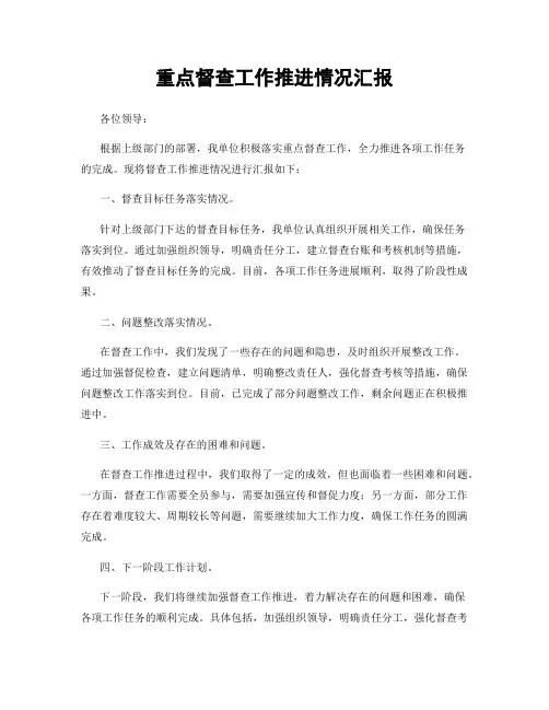 重点督查工作推进情况汇报