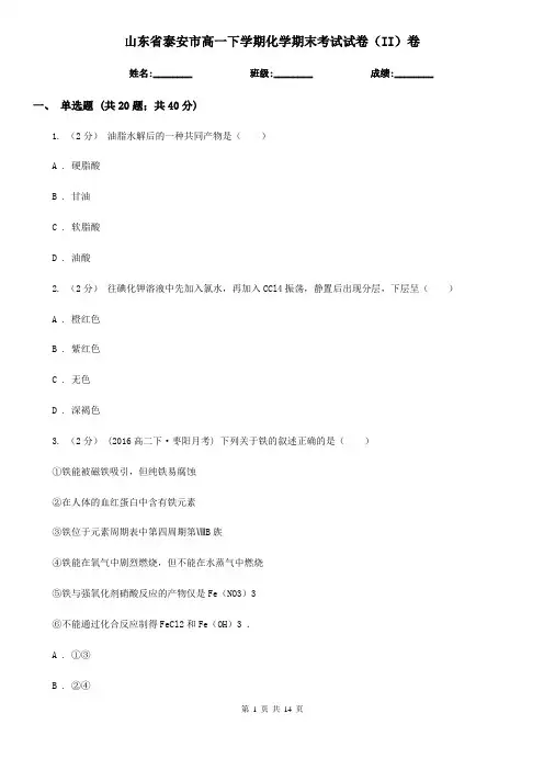 山东省泰安市高一下学期化学期末考试试卷(II)卷