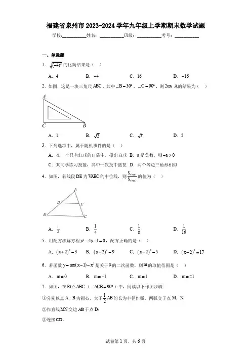 福建省泉州市2023-2024学年九年级上学期期末数学试题
