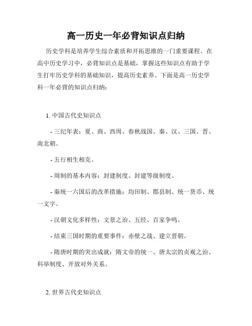 高一历史一年必背知识点归纳