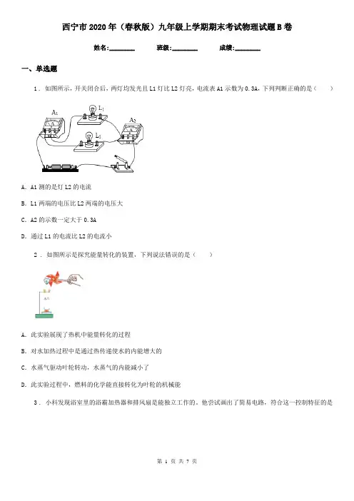 西宁市2020年(春秋版)九年级上学期期末考试物理试题B卷