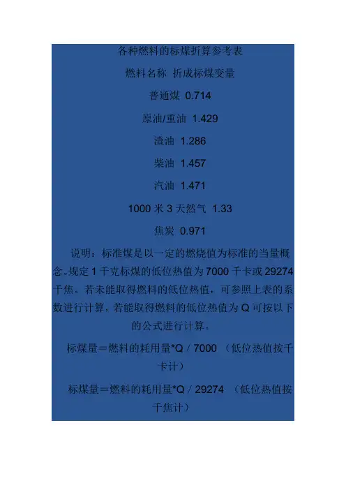 各种燃料的标煤折算参考表
