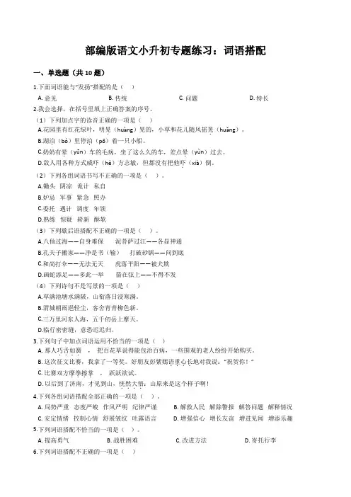 部编版语文小升初专题练习：词语搭配