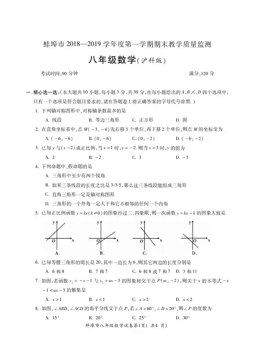 蚌埠市2018-2019学年度第一学期期末教学质量检测八年级数学