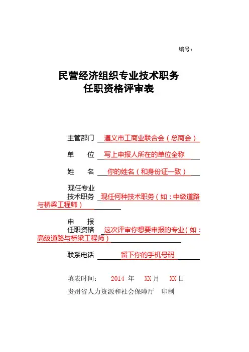 民营经济职称评定评审表(填表说明)