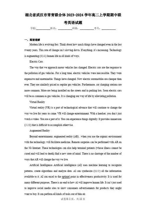 湖北省武汉市常青联合体2023-2024学年高二上学期期中联考英语试题