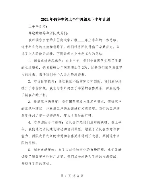 2024年销售主管上半年总结及下半年计划