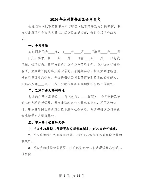 2024年公司劳务用工合同例文（五篇）