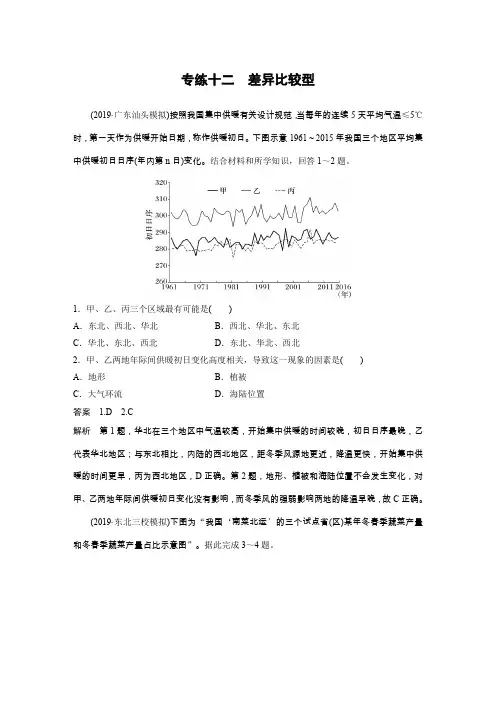 2020高考地理全国版大二轮练习：高考选择题专练十二 差异比较型 专题卷(通用版)