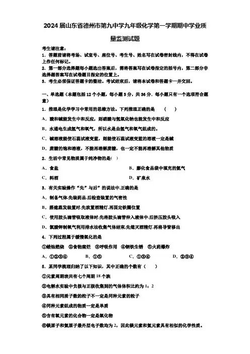 2024届山东省德州市第九中学九年级化学第一学期期中学业质量监测试题含解析