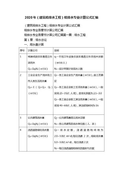 2020年（建筑给排水工程）给排水专业计算公式汇编