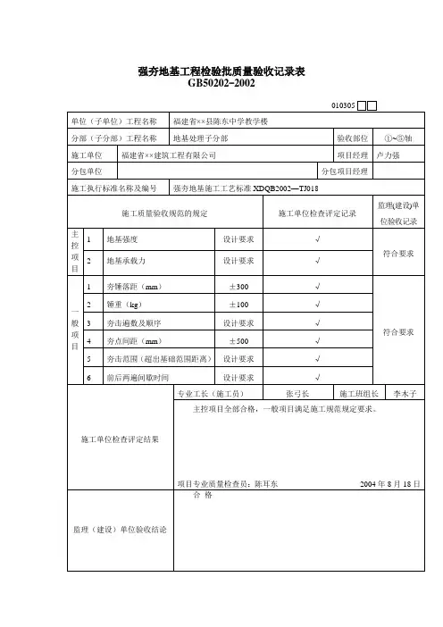 强夯地基工程检验批质量验收记录表
