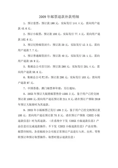 2009年邮票退款补款明细