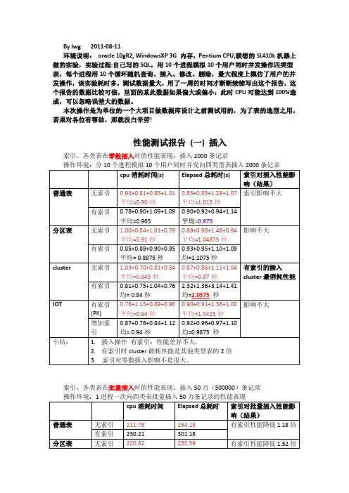 oracle高性能技术：簇表、堆表、IOT表、分区表 插入 查询 修改 删除的并发测试报告20110811