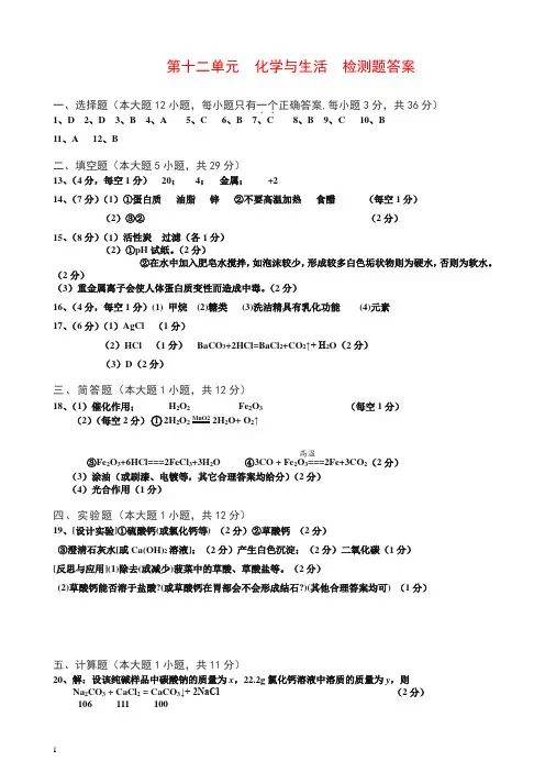 人教版化学九年级下册第12单元  化学与生活  检测题答案【推荐】.doc