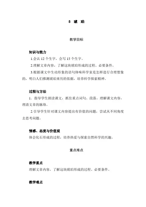 四年级下册语文教案-第二单元5 琥珀(部编版)
