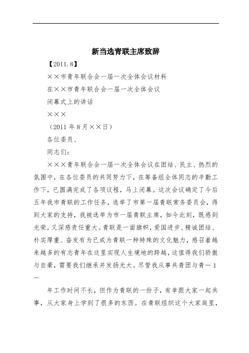 新当选青联主席致辞