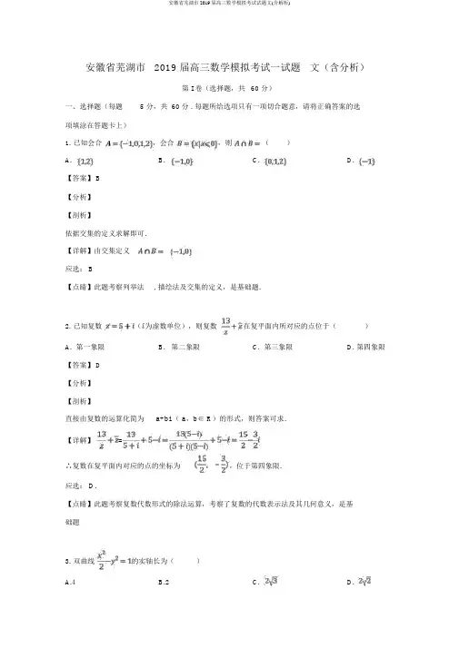安徽省芜湖市2019届高三数学模拟考试试题文(含解析)