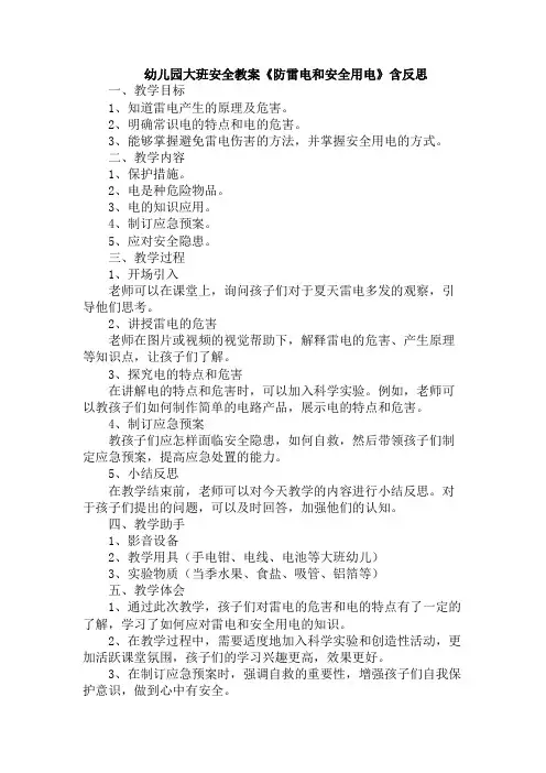 幼儿园大班安全教案《防雷电和安全用电》含反思