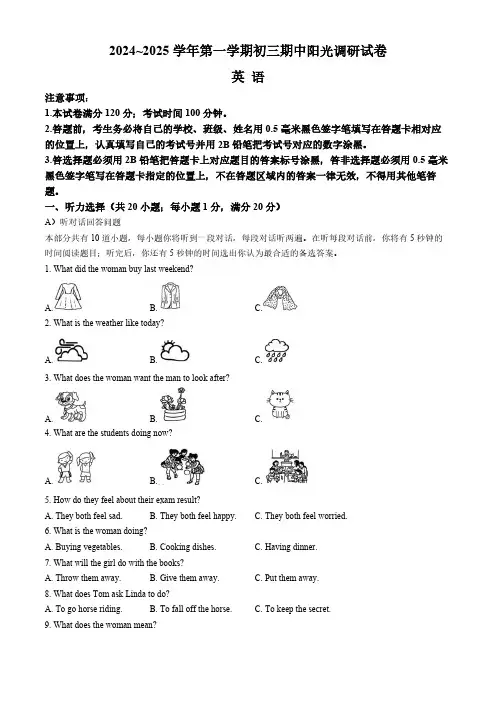 江苏省苏州市2024-2025学年九年级上学期期中英语试题(含答案,无听力音频及原文)