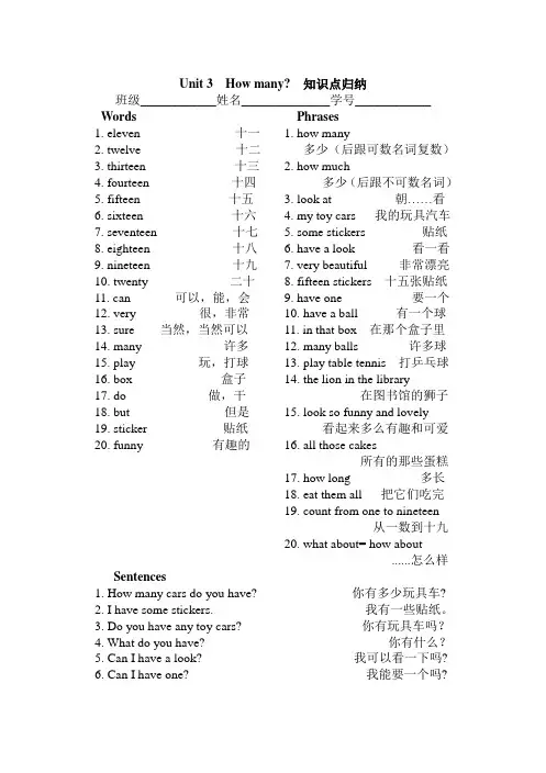 [译林版]四年级英语上册 Unit 3 How many 知识点归纳