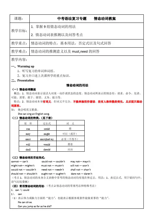 外研版中考英语语法复习专题--情态动词教案