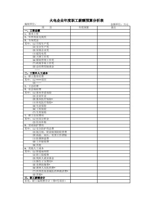 火电企业年度职工薪酬预算分析表