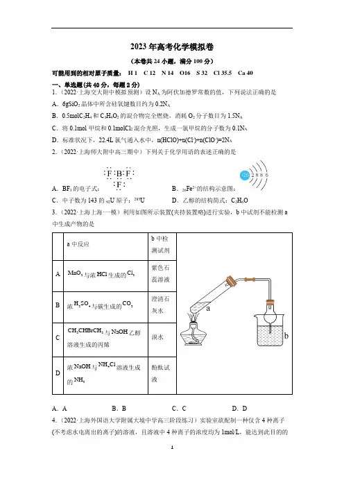 2023年高考化学模拟卷(上海卷专用2)(原卷版)