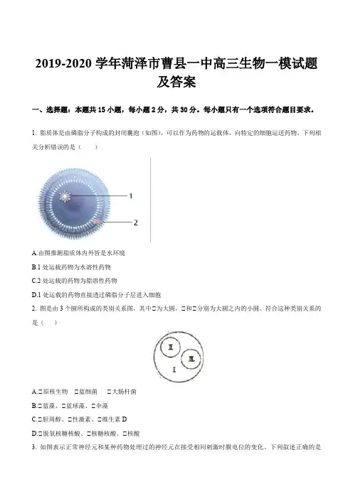 2019-2020学年菏泽市曹县一中高三生物一模试题及答案